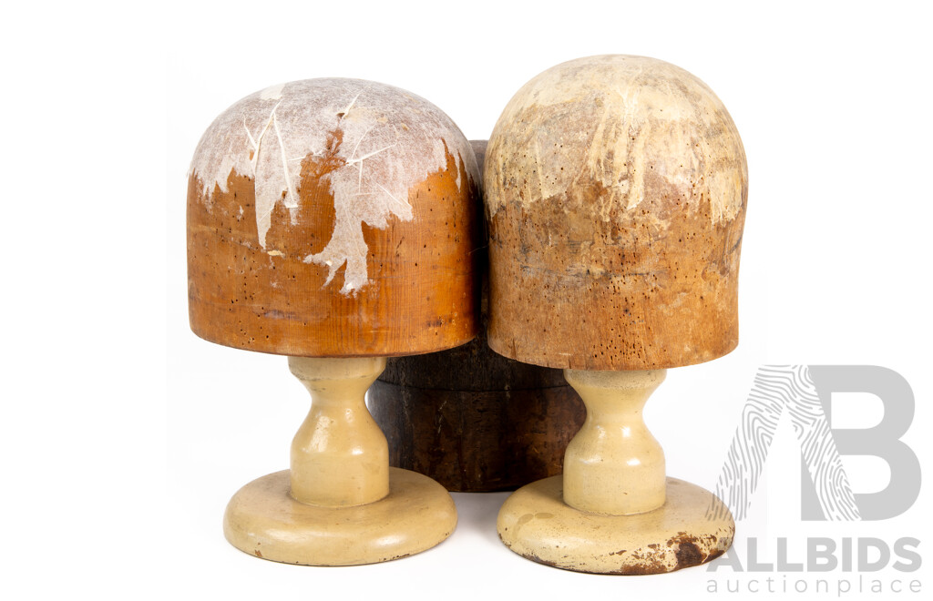 Good Collection Vintage Wooden Hat Blocks Including Light Wood Godfreys Sydney Huon Pine Example ALong with Collection Vintage Millinery Tools