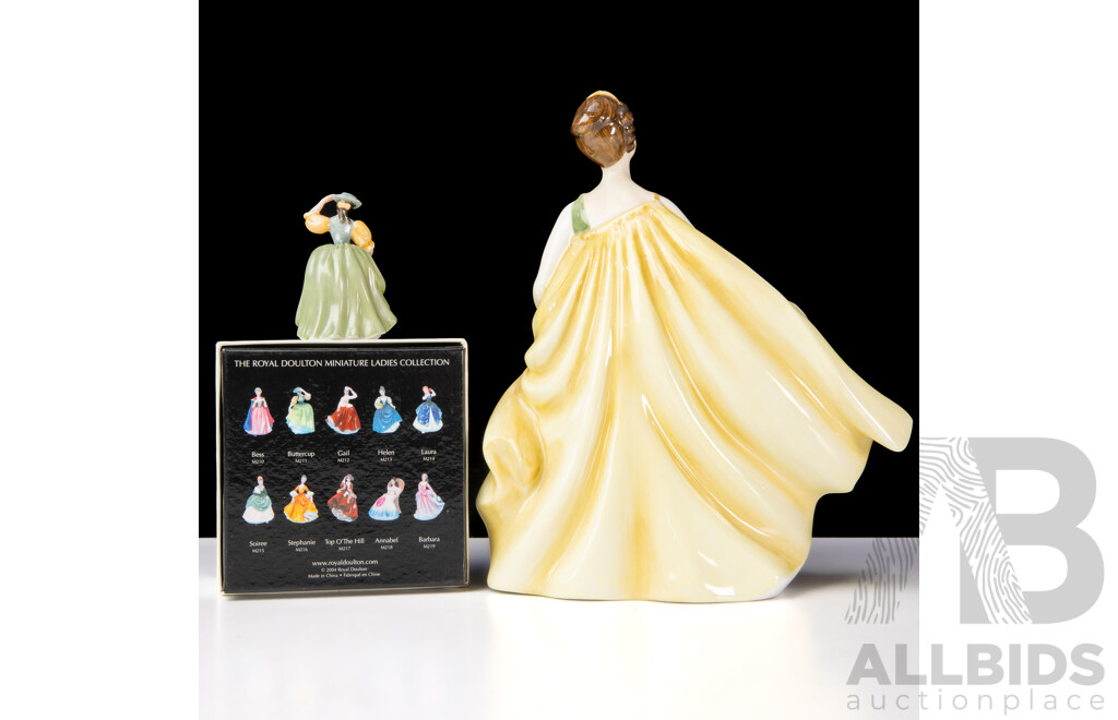 Royal Doulton Porcelain Lady Figure, Alexandra HN 2398, Along with Royal Doulton Porcelain Miniature Lady Figure in Original Box: Buttercup, Signed by Michael Doulton