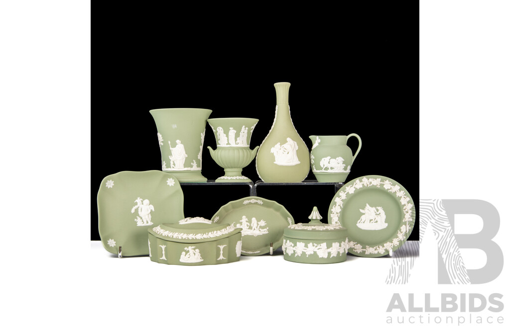 Nice Collection Wedgwood Jasper Ware in Sage Green Including Vases, Lidded Containers and More
