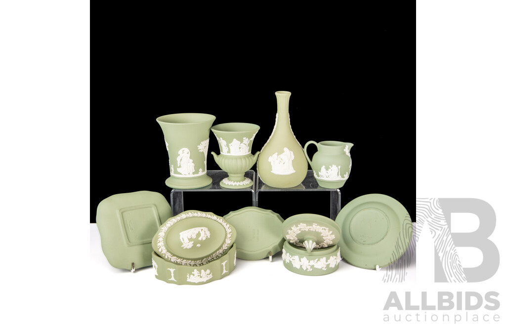 Nice Collection Wedgwood Jasper Ware in Sage Green Including Vases, Lidded Containers and More