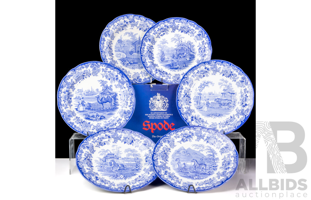 Collection Four Spode Porcelain Blue Room Collection Plates in Original Box Along with Spode Italian Plate & Four Other Blue & White Examples
