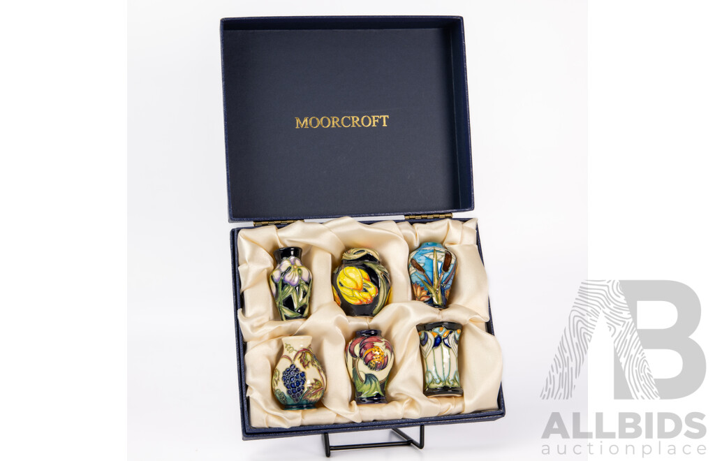 Collection Six Moorcroft Miniature Porcelain Hand Decorated Vases in Original Presentation Box