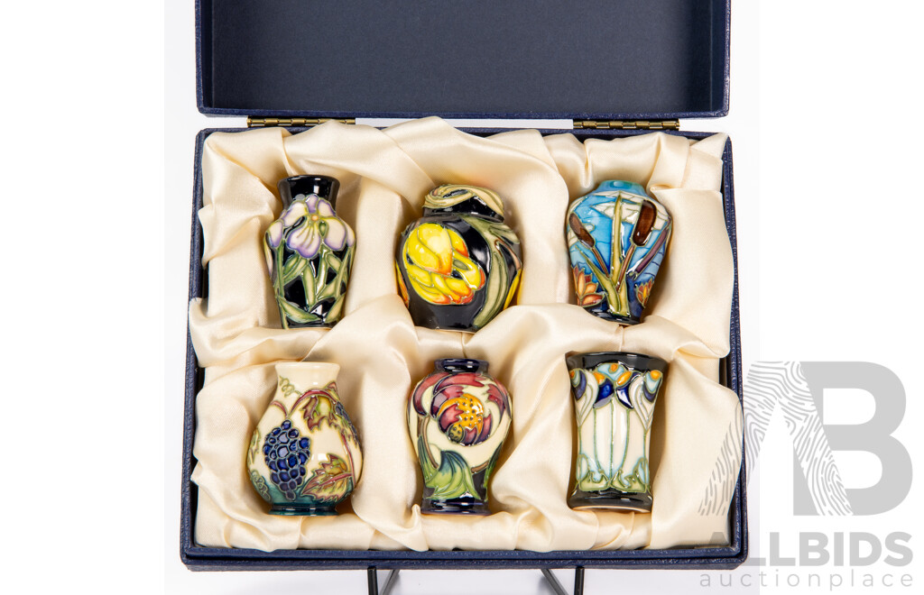 Collection Six Moorcroft Miniature Porcelain Hand Decorated Vases in Original Presentation Box