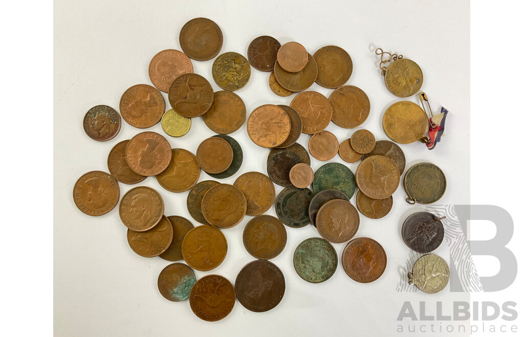 Collection of Australian and Great Britain Pennies and Half Pennies with WW2 Victory Medal, Pendants and France 1864 Napoleon Ten Centimes