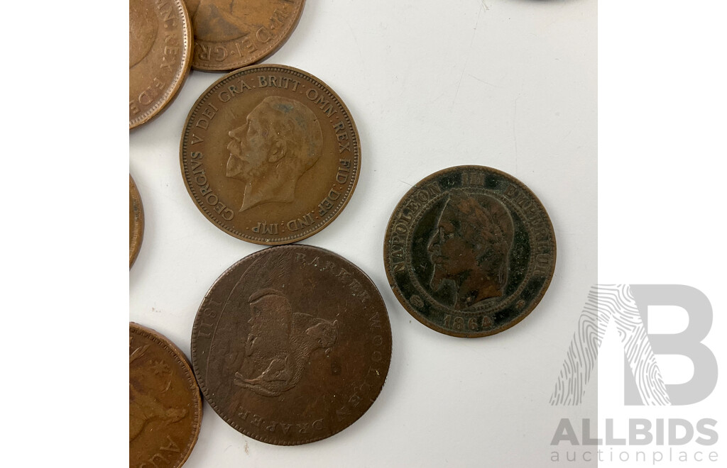 Collection of Australian and Great Britain Pennies and Half Pennies with WW2 Victory Medal, Pendants and France 1864 Napoleon Ten Centimes