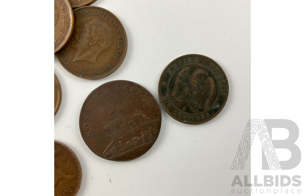 Collection of Australian and Great Britain Pennies and Half Pennies with WW2 Victory Medal, Pendants and France 1864 Napoleon Ten Centimes