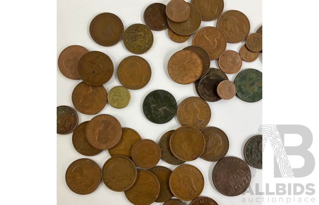 Collection of Australian and Great Britain Pennies and Half Pennies with WW2 Victory Medal, Pendants and France 1864 Napoleon Ten Centimes