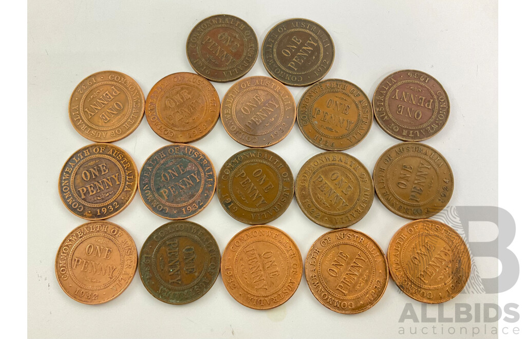 Seventeen Australian KGV Pennies, Examples Spanning 1912 to 1936 Including 1912H and 1916I