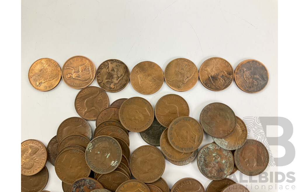 Collection of Australian KGVI/QE2 Pennies, Examples Spanning 1941 to 1964, One and Two Cent Pieces and United Kingdom Pennies Spanning 1891 to 1937