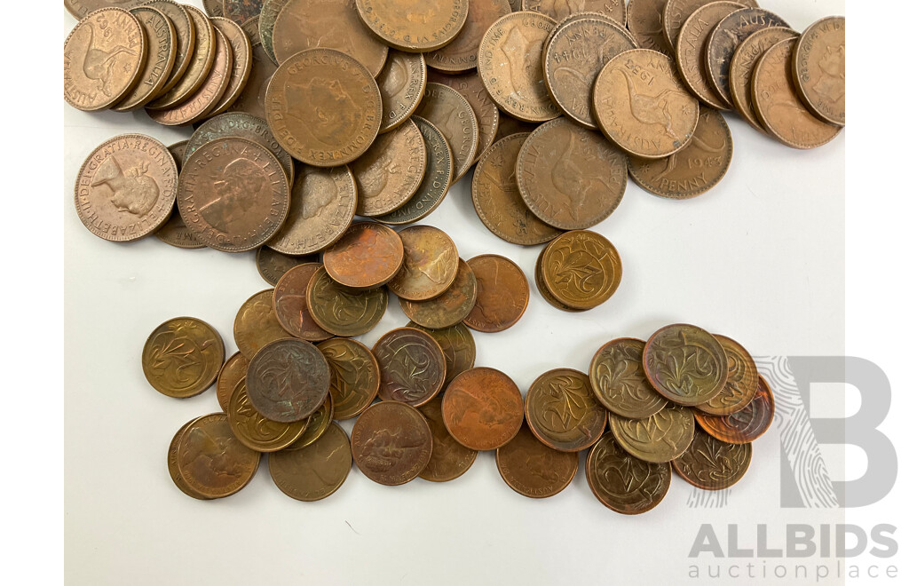Collection of Australian KGVI/QE2 Pennies, Examples Spanning 1941 to 1964, One and Two Cent Pieces and United Kingdom Pennies Spanning 1891 to 1937