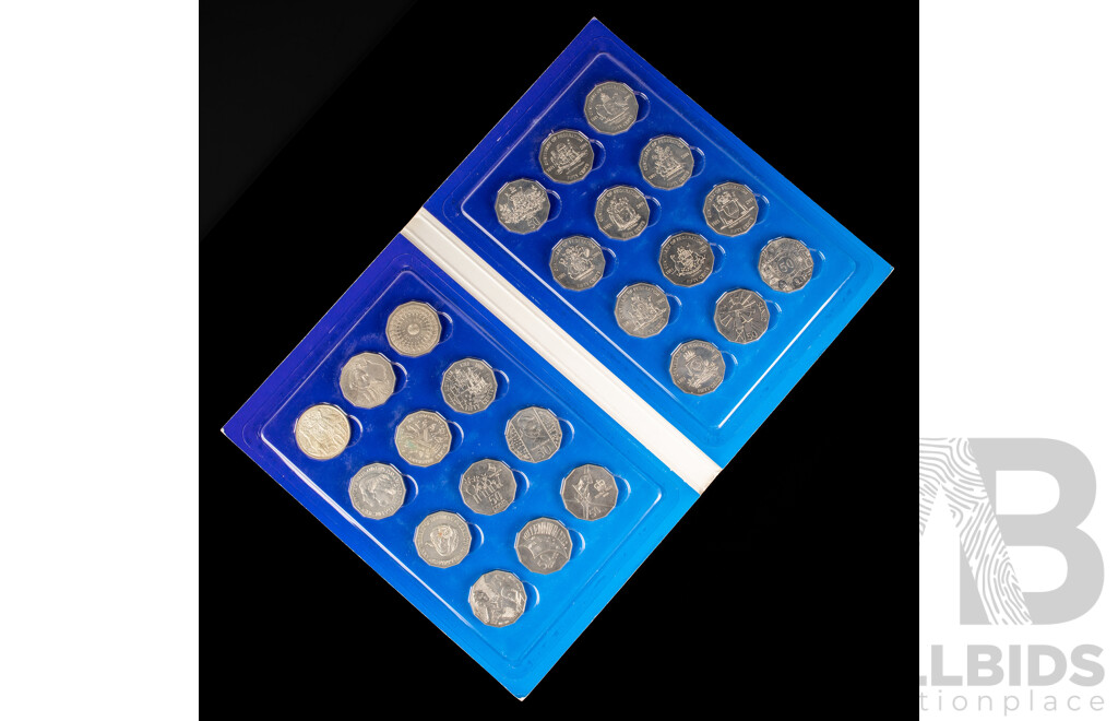 Australian Scholastic Fifty Cent Coin Album Including 1966 Silver Round, 2001 Federation Set, 2000 Royal Visit, 2000 Millennium, 1995 Dunlop, 1970 Cook, 1977 Jubilee, 1981 Charles and Diana