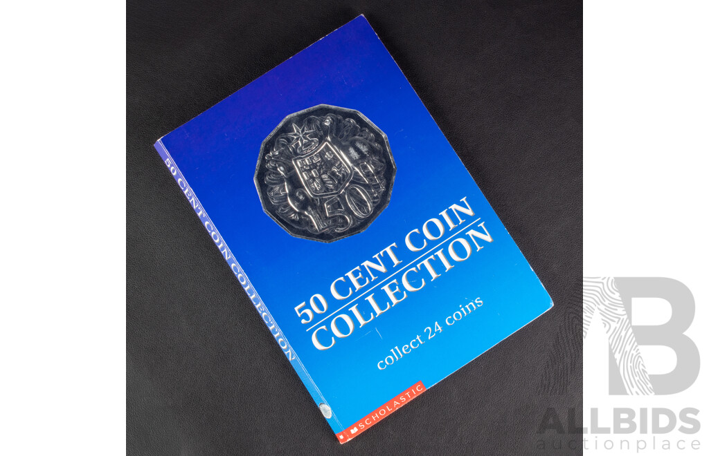 Australian Scholastic Fifty Cent Coin Album Including 1966 Silver Round, 2001 Federation Set, 2000 Royal Visit, 2000 Millennium, 1995 Dunlop, 1970 Cook, 1977 Jubilee, 1981 Charles and Diana