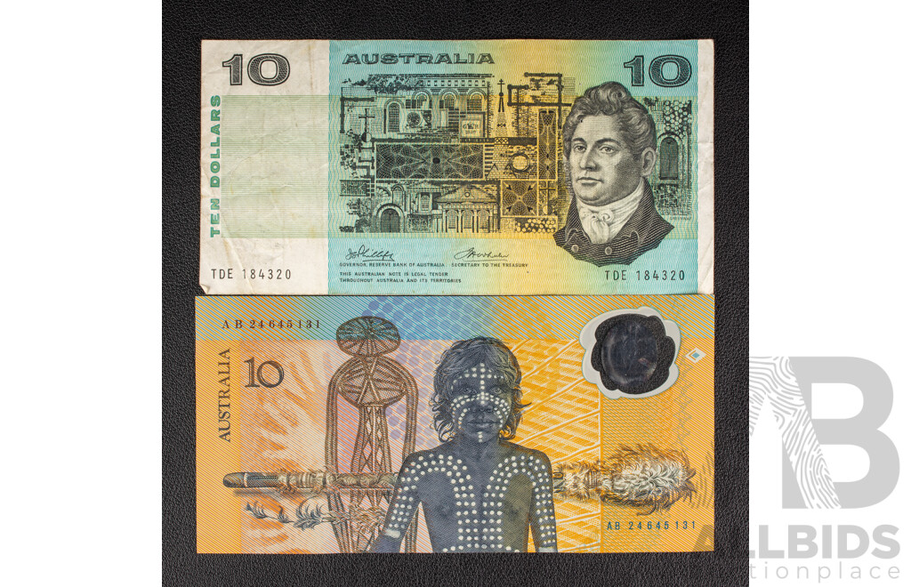 Australian 1988 Ten Dollar Note Fraser/Johnston Bicentennial and 1974 Ten Dollar Phillips/Wheeler