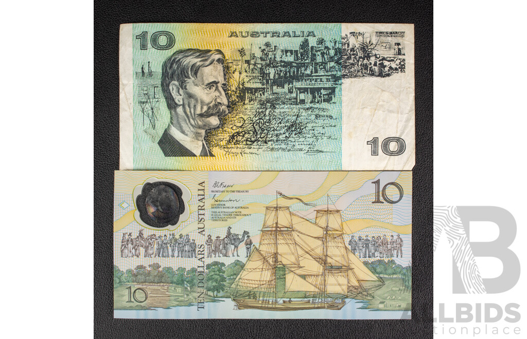 Australian 1988 Ten Dollar Note Fraser/Johnston Bicentennial and 1974 Ten Dollar Phillips/Wheeler