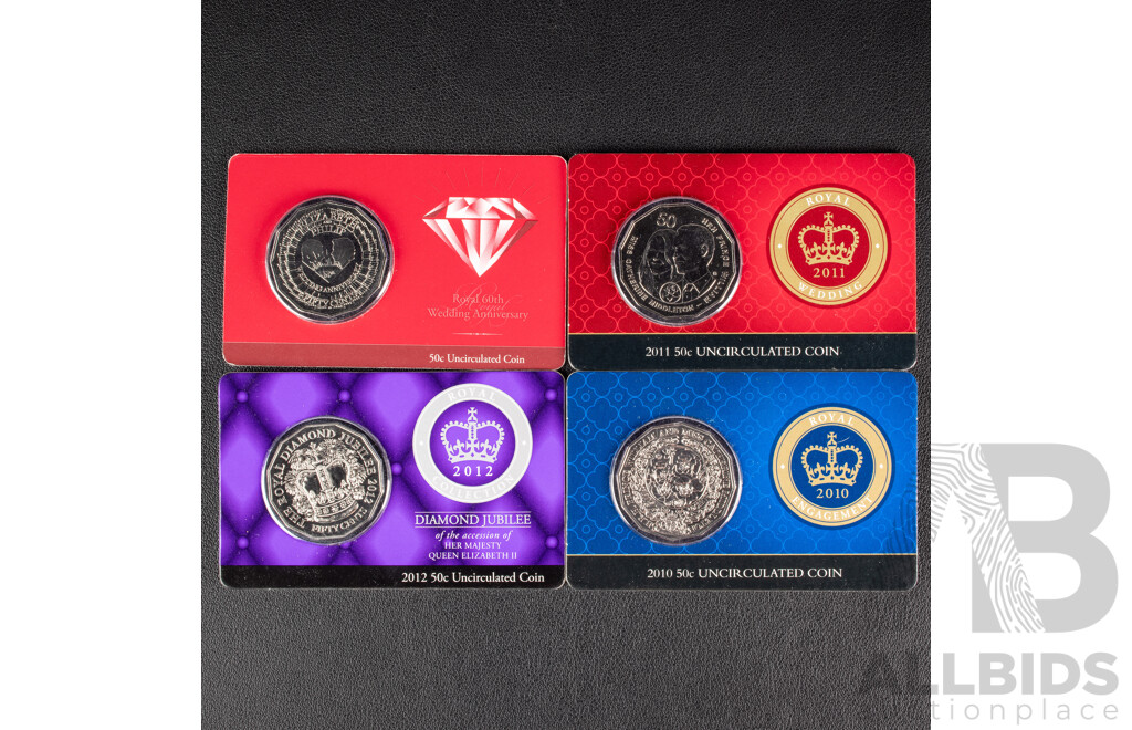 Four Australian RAM Royal Commemorative Fifty Cent Coins Including 2007 Royal 60th Wedding Anniversary, 2010 Royal Engagement, 2011 Royal Wedding, 2012 QE2 Diamond Jubilee