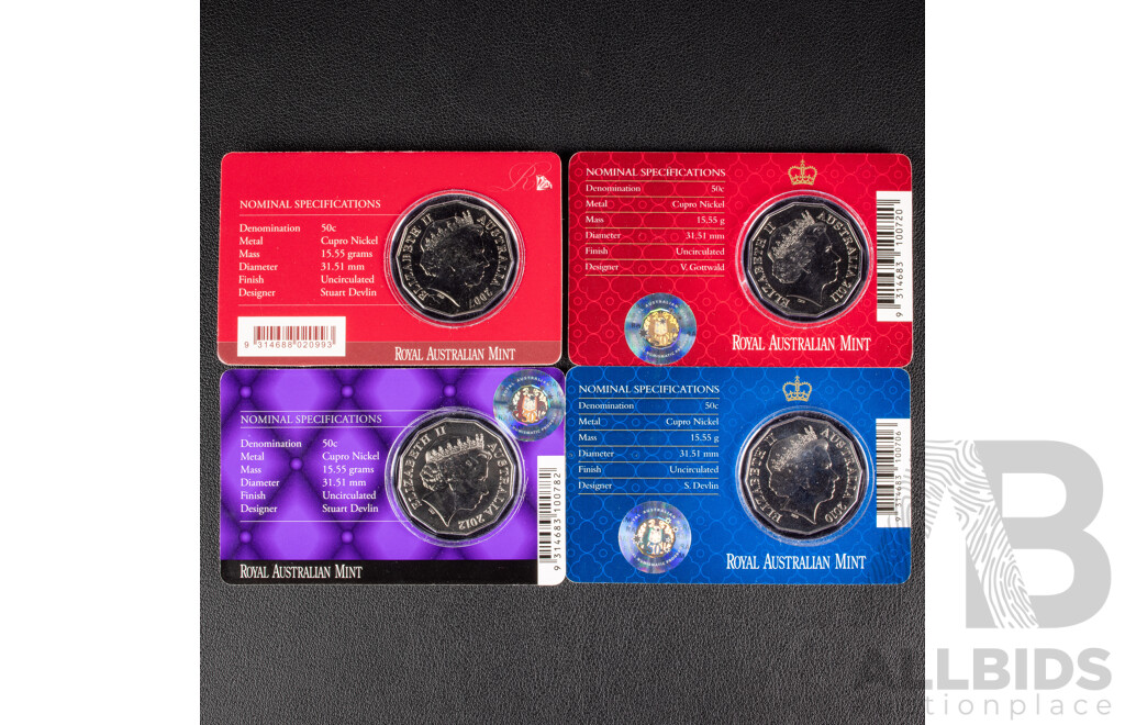 Four Australian RAM Royal Commemorative Fifty Cent Coins Including 2007 Royal 60th Wedding Anniversary, 2010 Royal Engagement, 2011 Royal Wedding, 2012 QE2 Diamond Jubilee