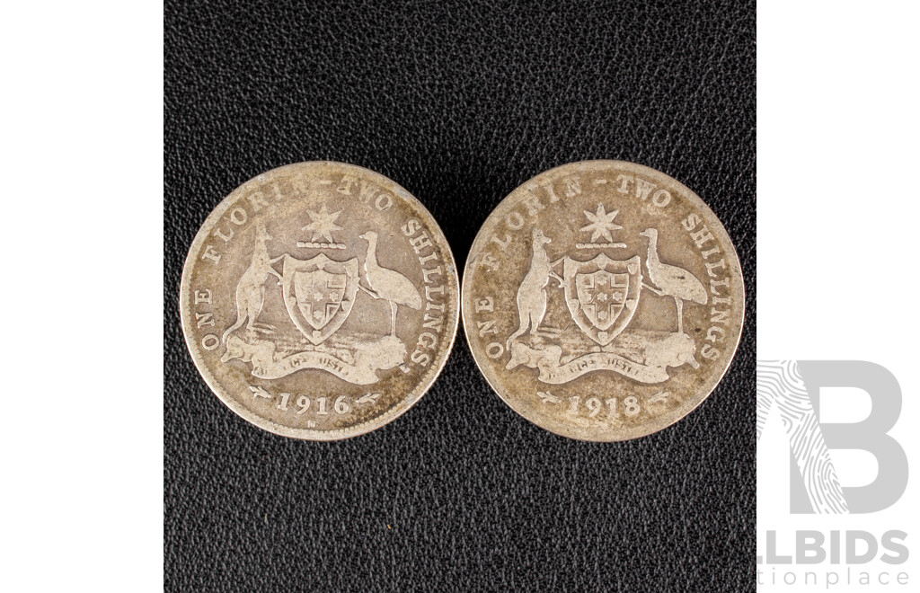 Two Australian KGV Silver Florins Including 1916 Melbourne Mint and 1918 .925