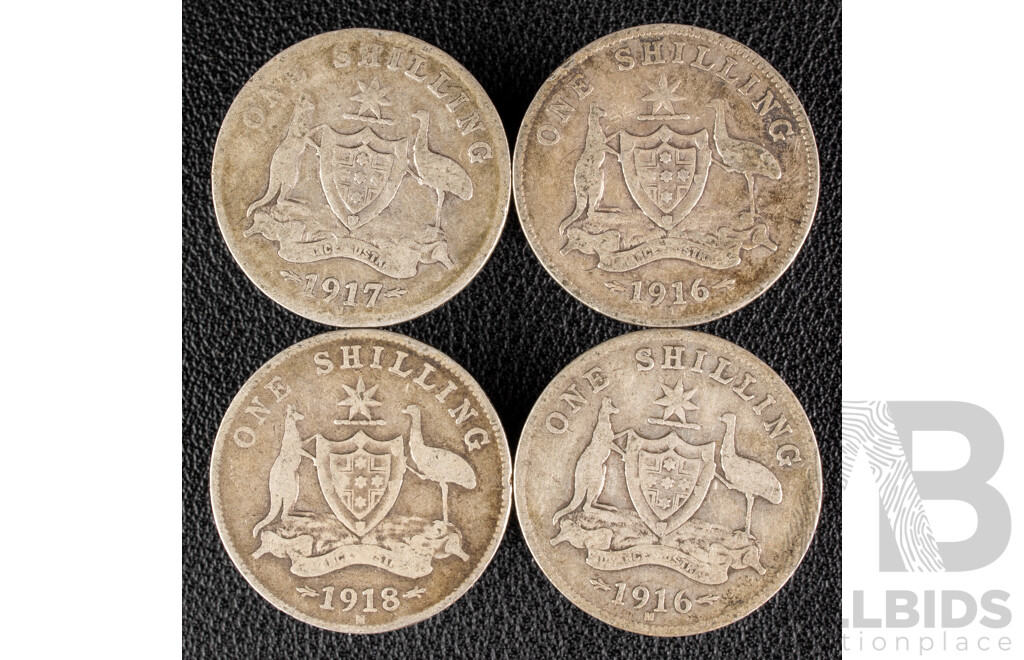 Four Australian KGV Silver Melbourne Mint Shillings Including 1916(2) 1917, 1918