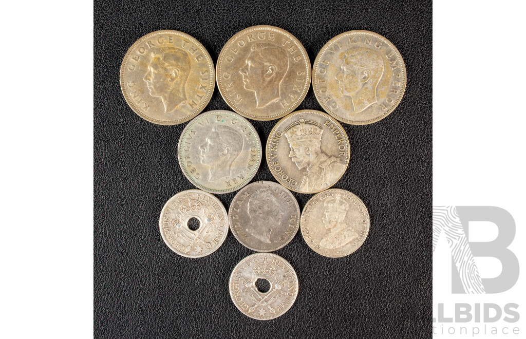 New Zealand 1934 Silver Florin, 1941, 1948, 1950 Crowns, Two Territory of New Guinea Silver Shillings, Ceylon 1919 Silver Fifty Cents, India 1835 Silver Half Rupee