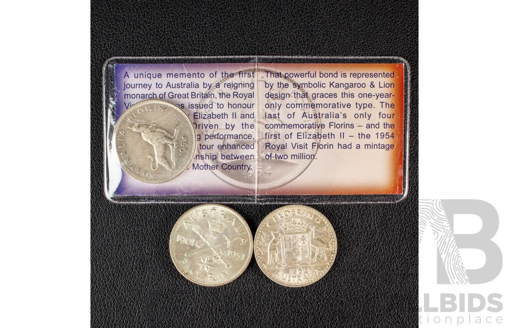 Three Australian Silver Florins Including 1951 and 1954 Commemorative, 1962  .500 Silver