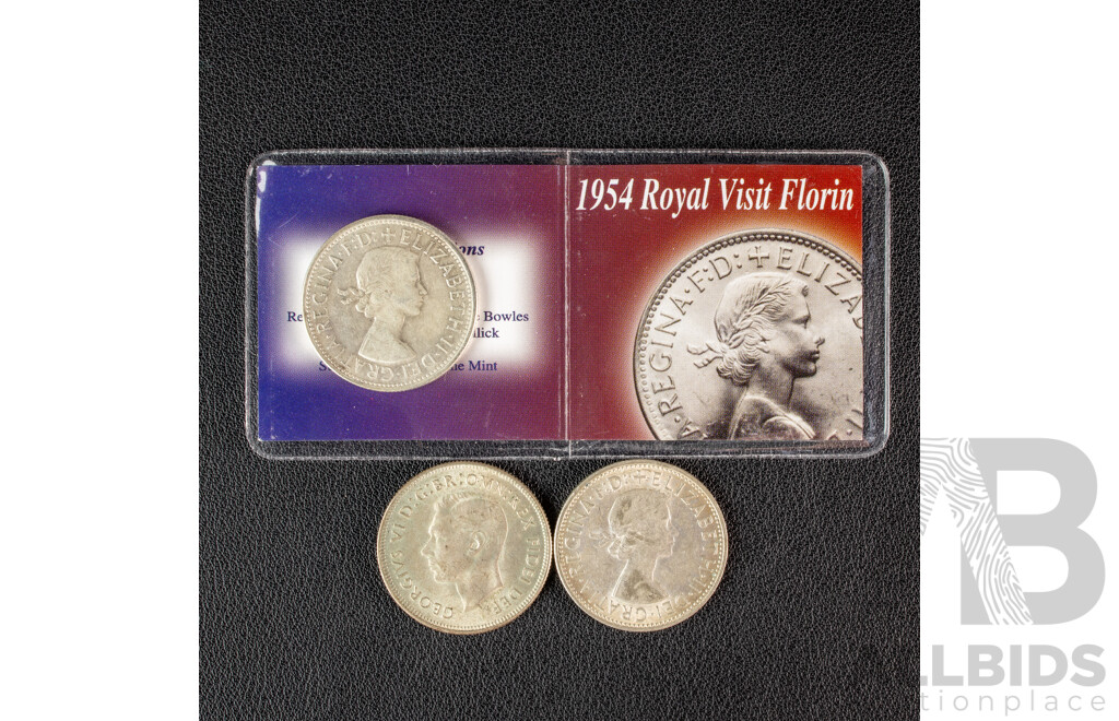 Three Australian Silver Florins Including 1951 and 1954 Commemorative, 1962  .500 Silver