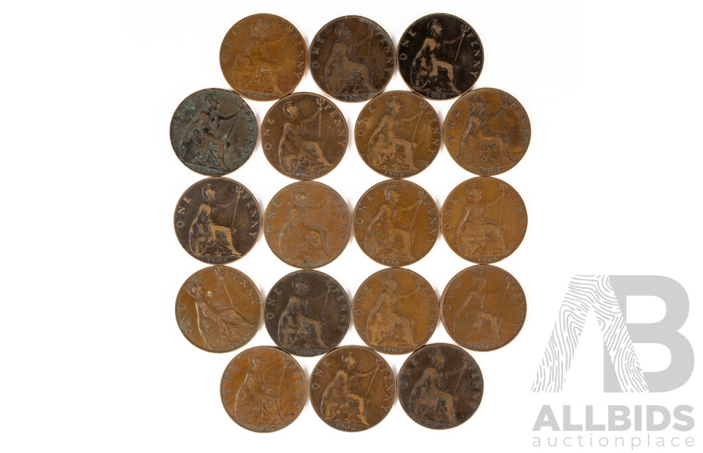 Eighteen United Kingdom KEVII Pennies, 1902, Consecutive 1904 to 1910