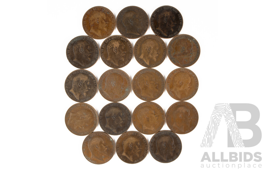 Eighteen United Kingdom KEVII Pennies, 1902, Consecutive 1904 to 1910