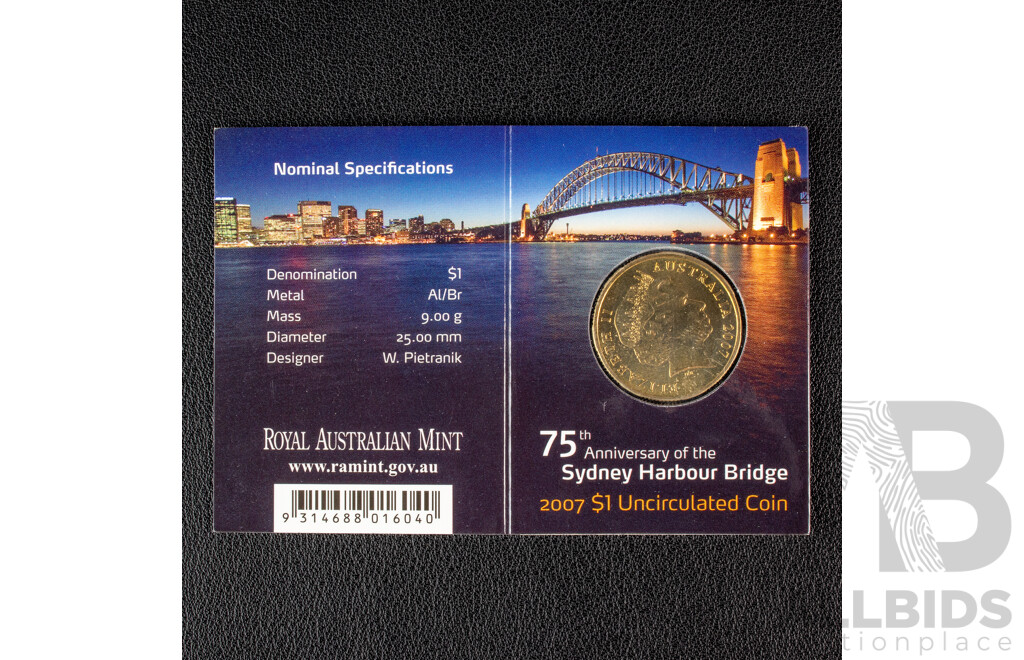 Australian One Hundred Years of Coinage Four Privy Mark One Dollar Coin Set and 2007 One Dollar, 75th Anniversary Sydney Harbour Bridge, C Mint Mark