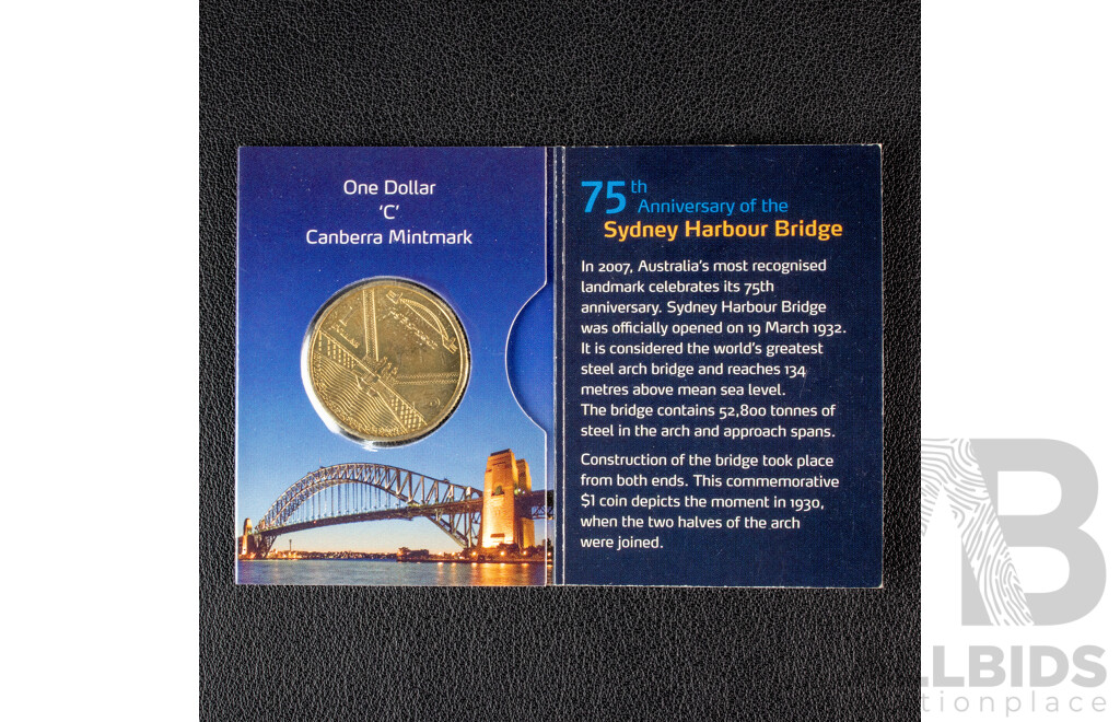 Australian One Hundred Years of Coinage Four Privy Mark One Dollar Coin Set and 2007 One Dollar, 75th Anniversary Sydney Harbour Bridge, C Mint Mark