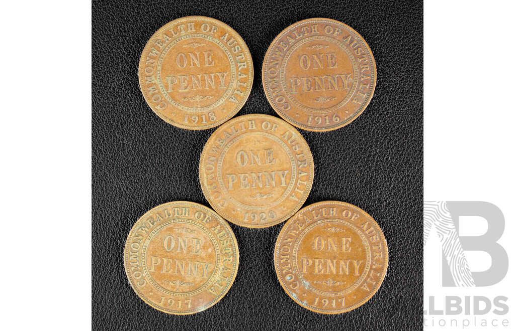 Five Australian KGV Pennies Including 1920 Double Dot, 1916I 1917I(2) 1918I