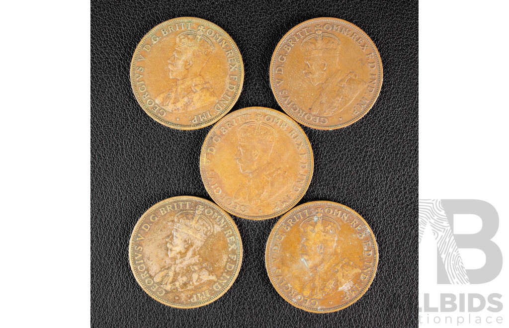 Five Australian KGV Pennies Including 1920 Double Dot, 1916I 1917I(2) 1918I