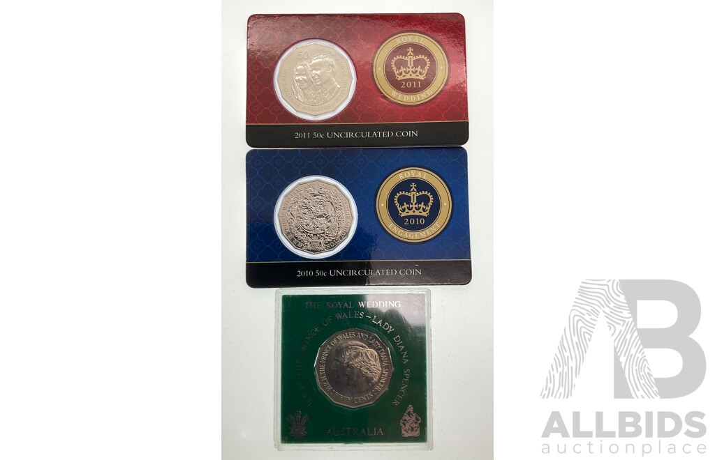 Three Australian Royal Themed Commemorative Fifty Cent Coins Including 1981 Charles and Diana, 2010 Royal Engagement, 2011 Royal Wedding