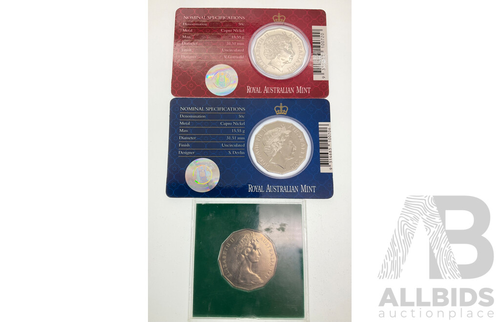 Three Australian Royal Themed Commemorative Fifty Cent Coins Including 1981 Charles and Diana, 2010 Royal Engagement, 2011 Royal Wedding