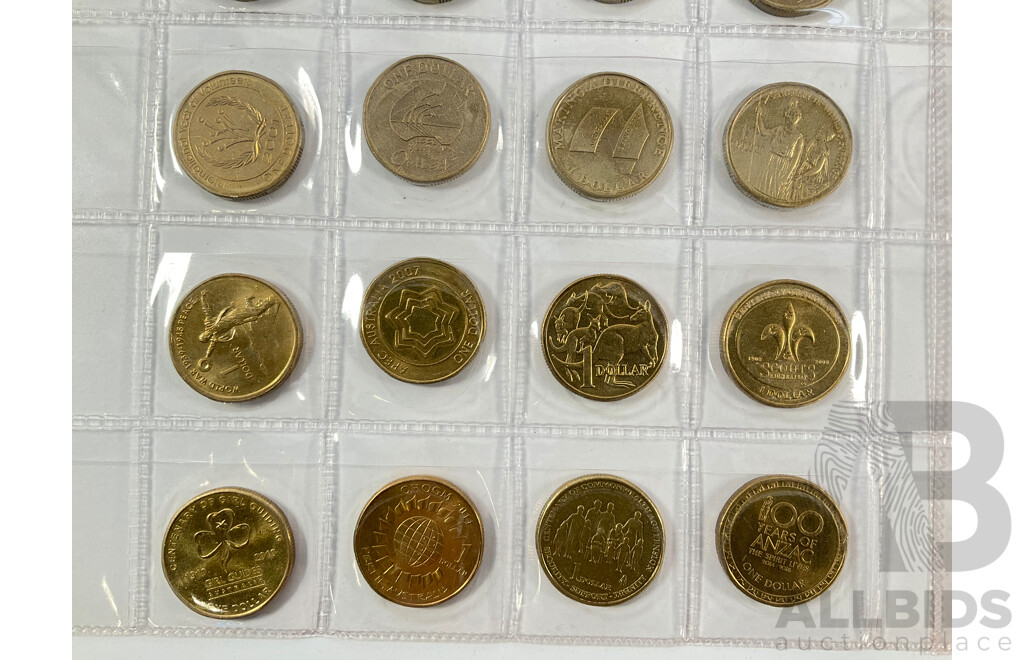 Collection of Australian Commemorative One Dollar Coins Spanning 1986 to 2011 Including International Year of Peace, Land Care, Making a Differance, Year of the Outback, Sir Henry Parkes, CHOGM, 100 Years of ANZAC and More