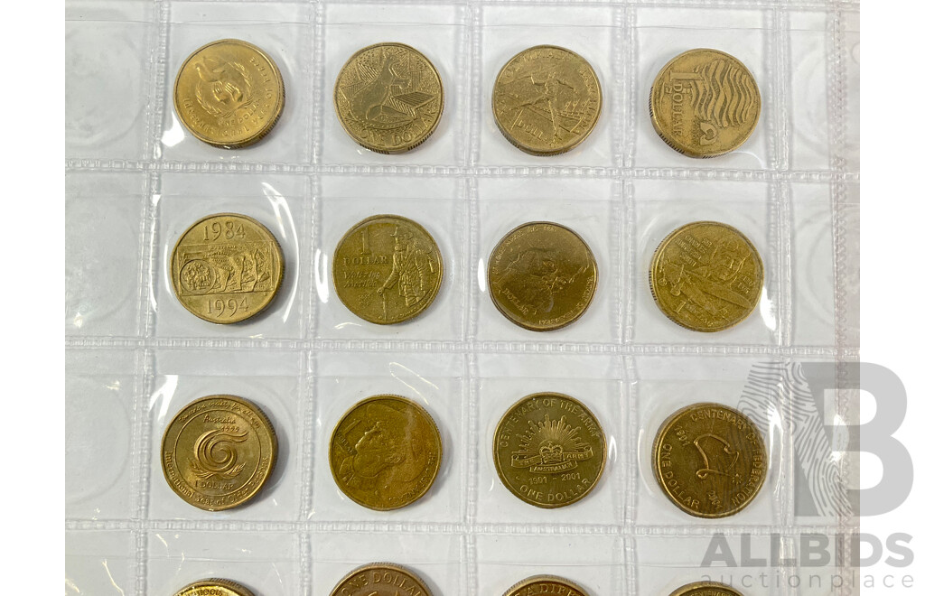 Collection of Australian Commemorative One Dollar Coins Spanning 1986 to 2011 Including International Year of Peace, Land Care, Making a Differance, Year of the Outback, Sir Henry Parkes, CHOGM, 100 Years of ANZAC and More