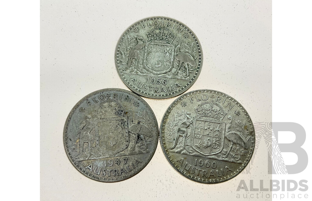 Three Australian Silver Florins Including 1947, 1956, 1960  .500