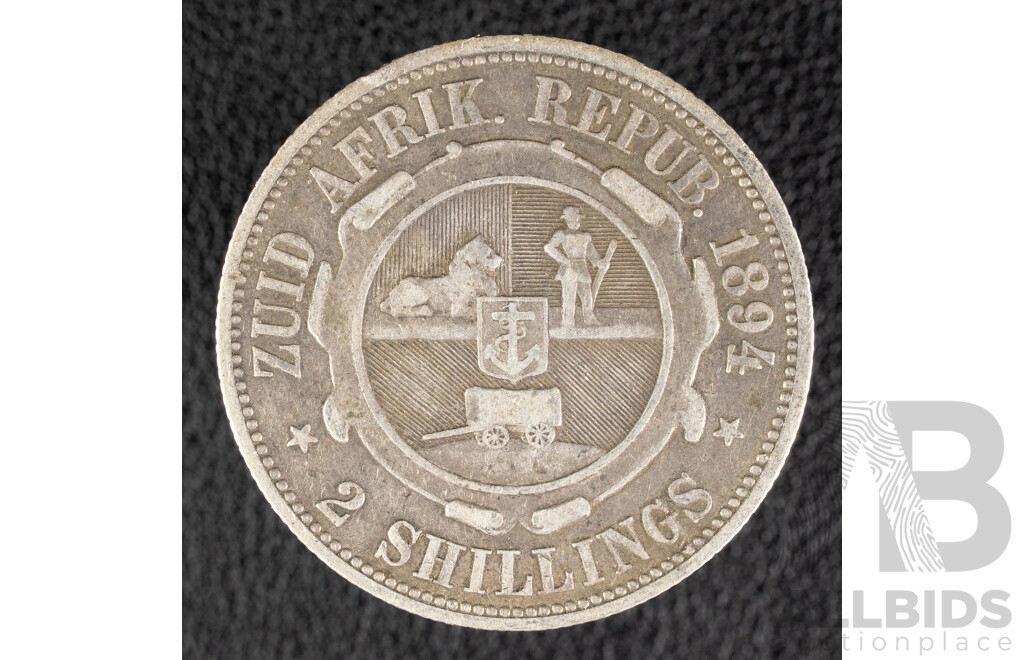 South African Republic 1894 Silver Two Shilling Coin, President Johannes Paulus Kruger .925