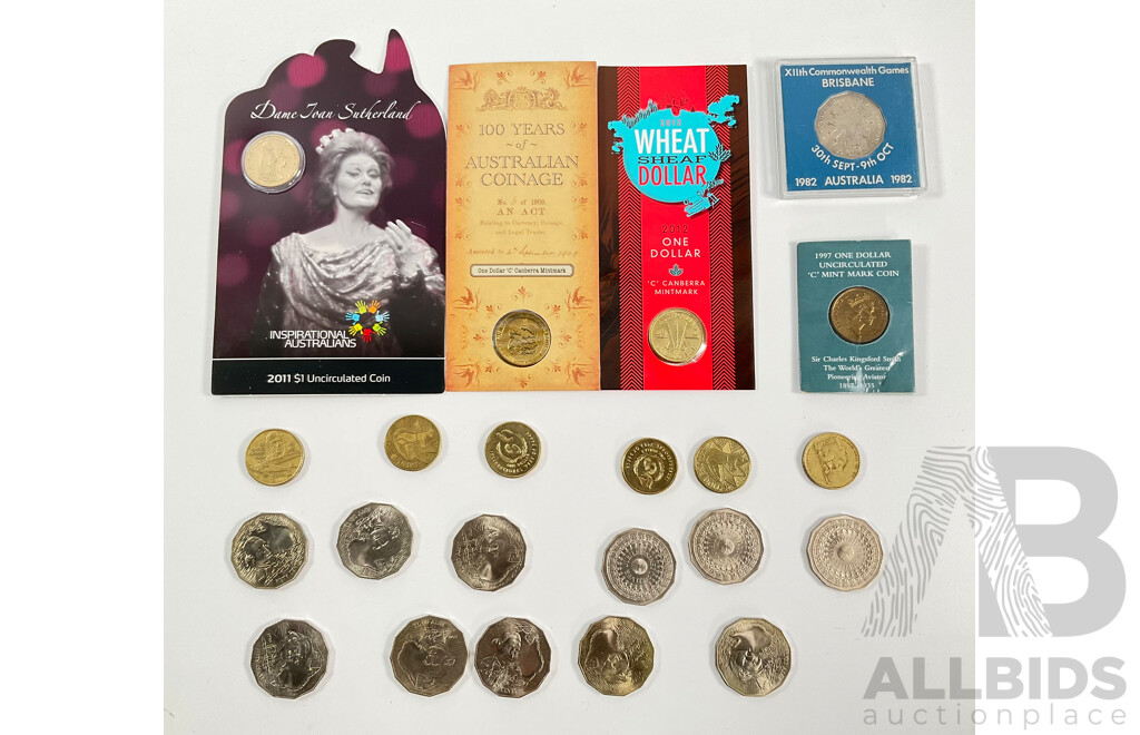 Collection of Australian Commemorative Coins Including One Dollars 1997 Kingsford Smith C Mint Mark, 2010 One Hundred Years of Australian Coinage C Mint Mark, 2012 Wheat Sheaf C Mint Mark, 2011 Dame Joan Sutherland...........