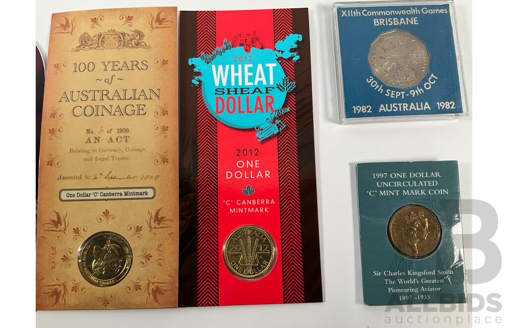 Collection of Australian Commemorative Coins Including One Dollars 1997 Kingsford Smith C Mint Mark, 2010 One Hundred Years of Australian Coinage C Mint Mark, 2012 Wheat Sheaf C Mint Mark, 2011 Dame Joan Sutherland...........