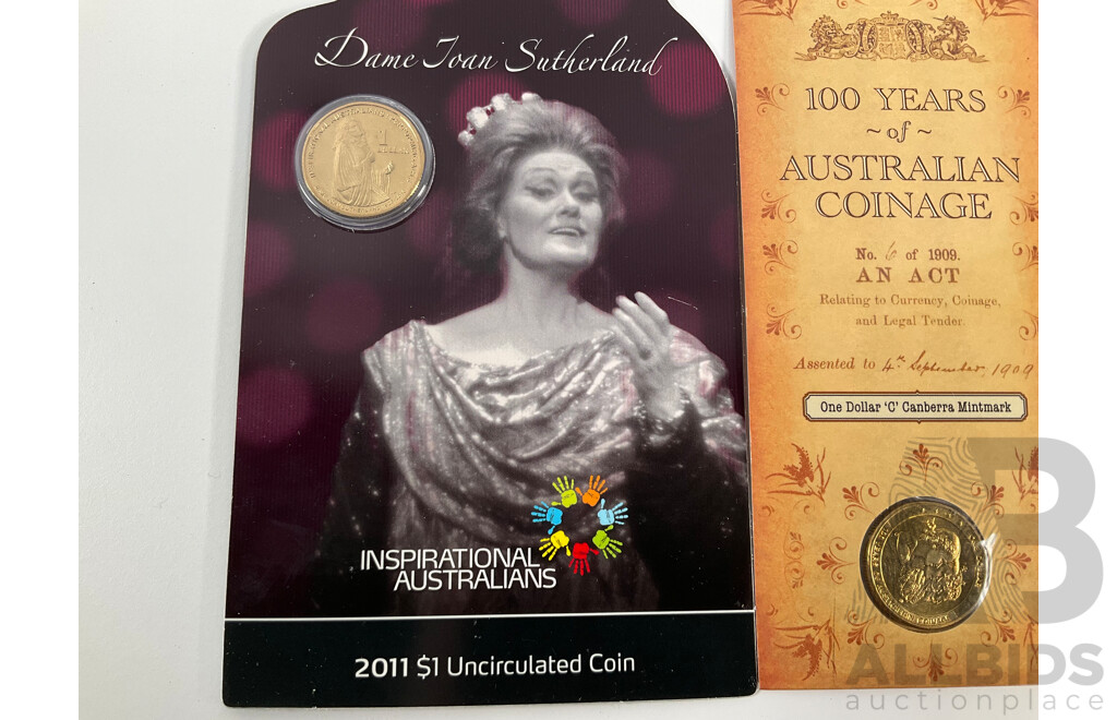 Collection of Australian Commemorative Coins Including One Dollars 1997 Kingsford Smith C Mint Mark, 2010 One Hundred Years of Australian Coinage C Mint Mark, 2012 Wheat Sheaf C Mint Mark, 2011 Dame Joan Sutherland...........