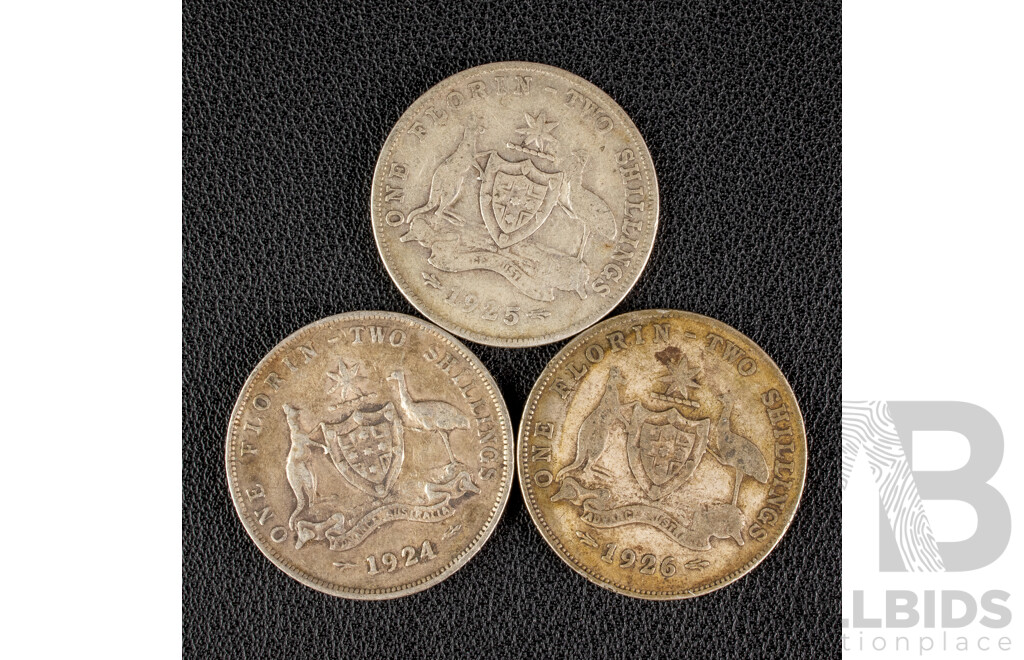 Three Australian KGV Silver Florins 1924, 1925, 1926  .925