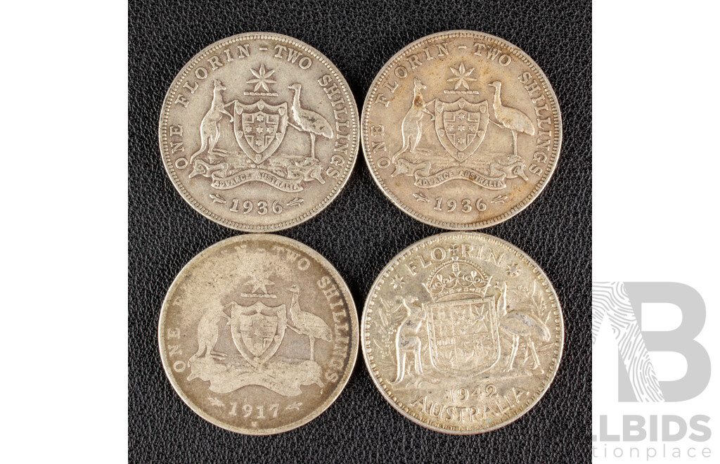 Four Australian KGV/KGVI Silver Florins 1917M, 1936(2) 1942  .925