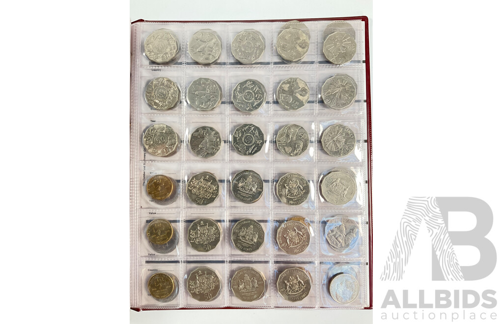 Renniks Album of Australian Commemorative One Dollars, Twenty and Fifty Cents Spanning 1970 to 2012 with Assortment of USA Coins