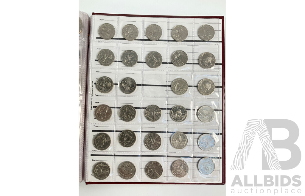 Renniks Album of Australian Commemorative One Dollars, Twenty and Fifty Cents Spanning 1970 to 2012 with Assortment of USA Coins