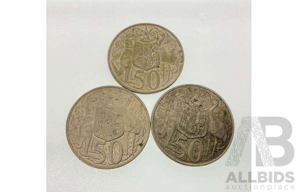 Three Australian 1966 Round Silver Fifty Cent Coins .800