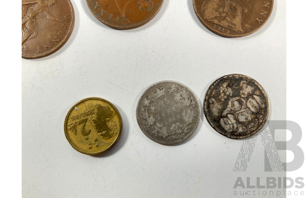 Canada QV Silver Twenty Five Cent Coin, King George Fourth Silver Coin, Great Britain Pennies Spanning 1875 to 1949, Australian One and Two Cent Coins, Two Dollar with Milled Obverse