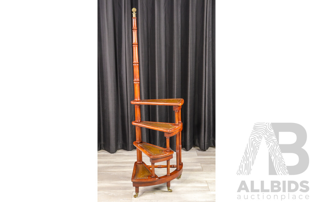 Georgian Style Mahogany Spiral Library Staircase with Leather Inset Treads