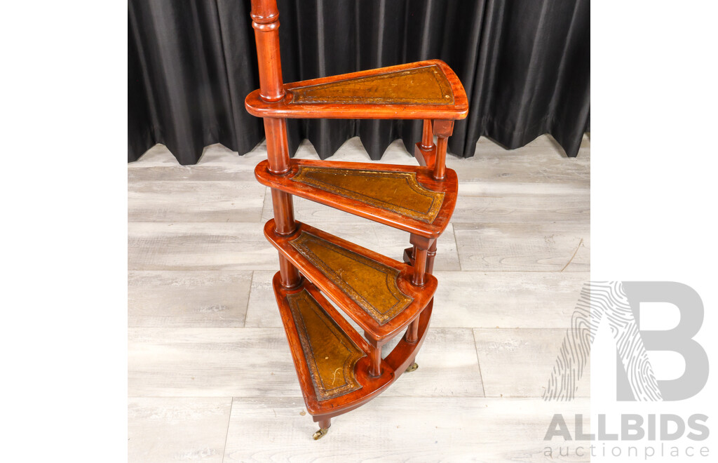 Georgian Style Mahogany Spiral Library Staircase with Leather Inset Treads
