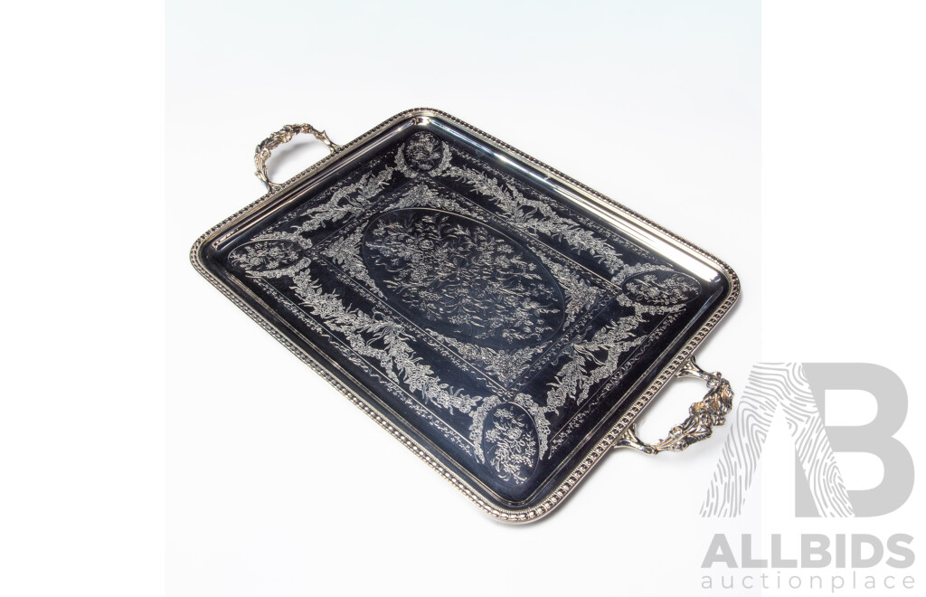 Vintage Silver Plate Serving Tray with Etched Detail
