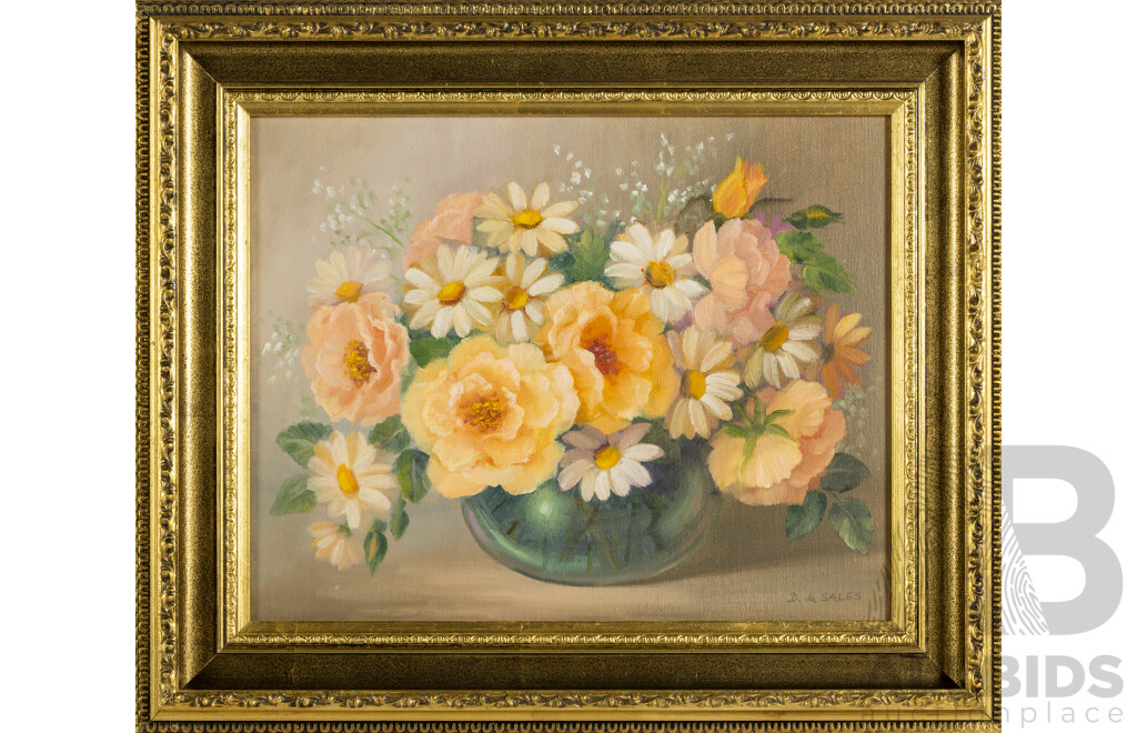 Doreen De Sales, (20th Century, Australian, 1919-?), Roses with Daisies, Original Vintage Oil on Canvas Board, 43 x 51 cm (frame)